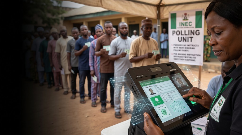 A polling unit scene showing an election official using a tablet for voter authentication, with a line of voters waiting in the background. A sign reading 'INEC Polling Unit' is visible.