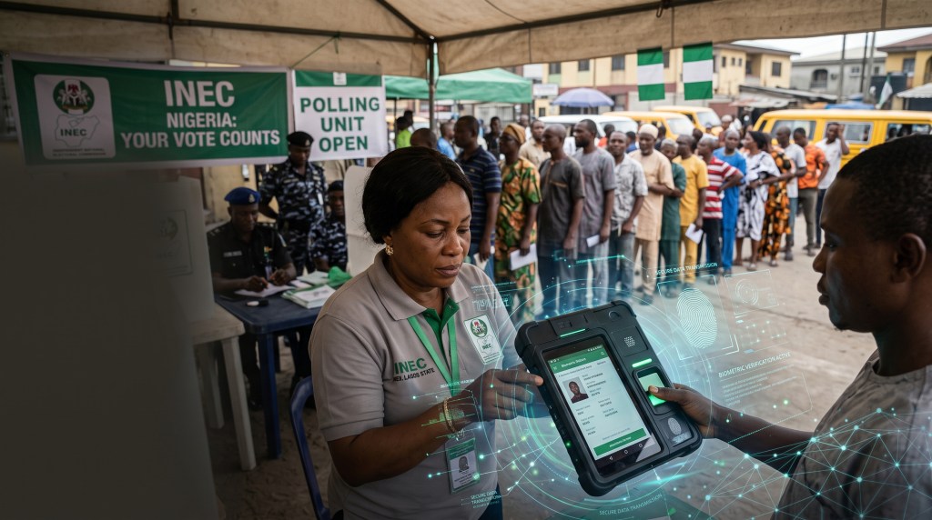 Voter registration process at a polling unit in Nigeria, featuring election officials using biometrics technology with a long queue of voters waiting.