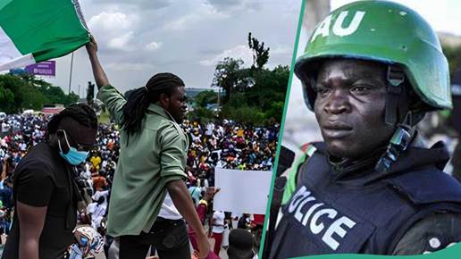 A large crowd of protesters holding a Nigerian flag, with a police officer in tactical gear featured prominently in the image.