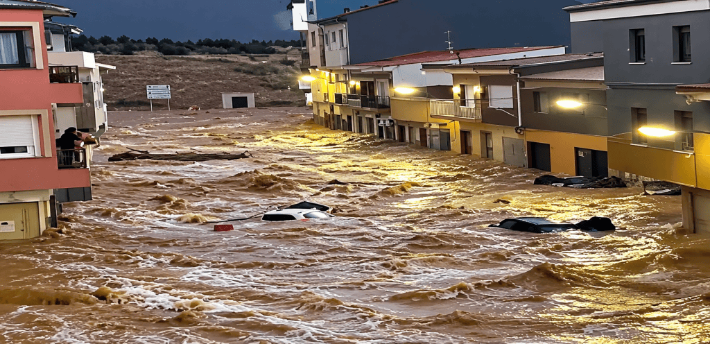 A flooded street filled with brown water, submerged cars, and apartments lining the sides, illuminated by streetlights.