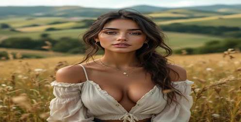 A woman with long brown hair stands in a golden field with rolling hills in the background, wearing a light off-shoulder blouse.